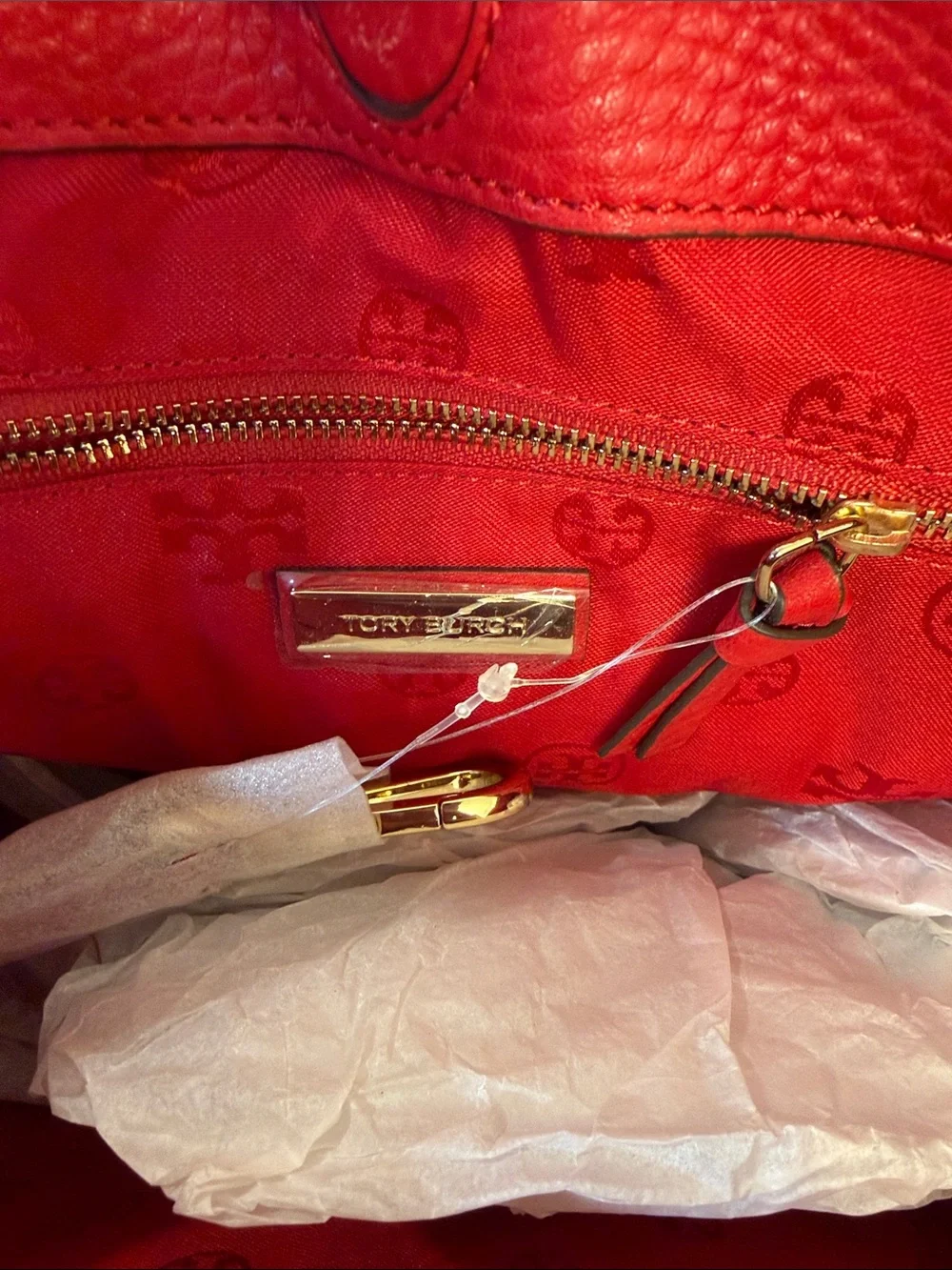 New Tory Burch Red Pebbled Leather Robinson Tote with Top Handles